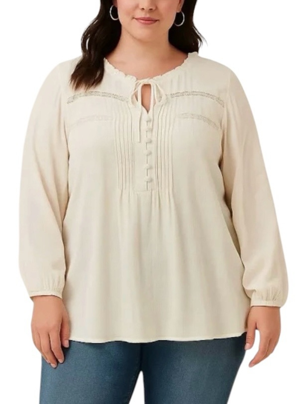 Torrid Lenny Ivory Lace Pintuck Long Sleeve Top Casual Cottagecore Lightweight